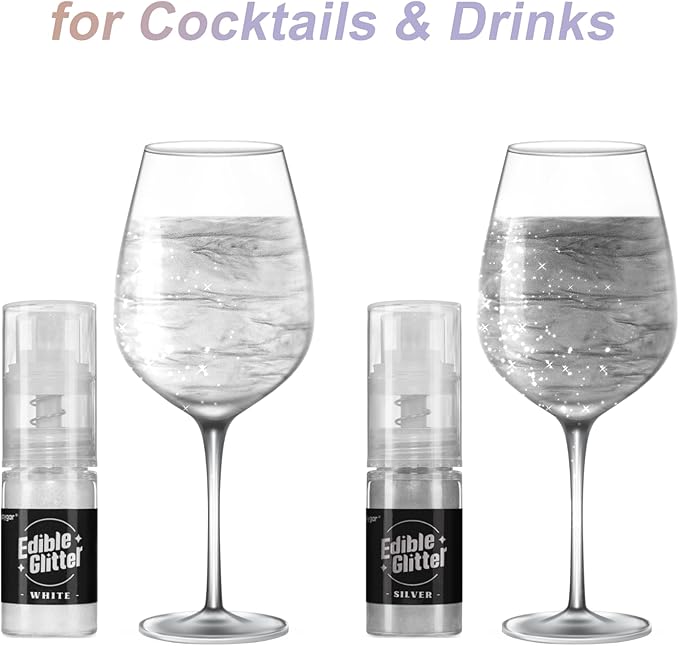 Sujoygar Edible Glitter Spray 2 Colors, White and Silver Edible Glitter for Cocktails, Shimmer