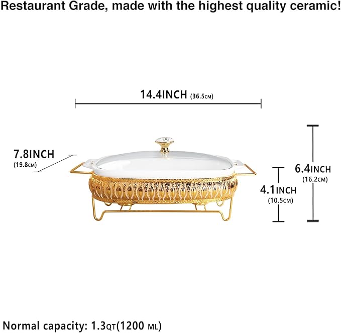 10" x 7" Ceramic Rectangular Casserole Dish with Glass Lid and Gold rack, 1.3 Quart White Serving