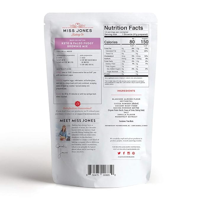 Miss Jones Baking Brownie Mix - Almond Flour, Gluten Free, Low Carb, No Sugar Added, Naturally