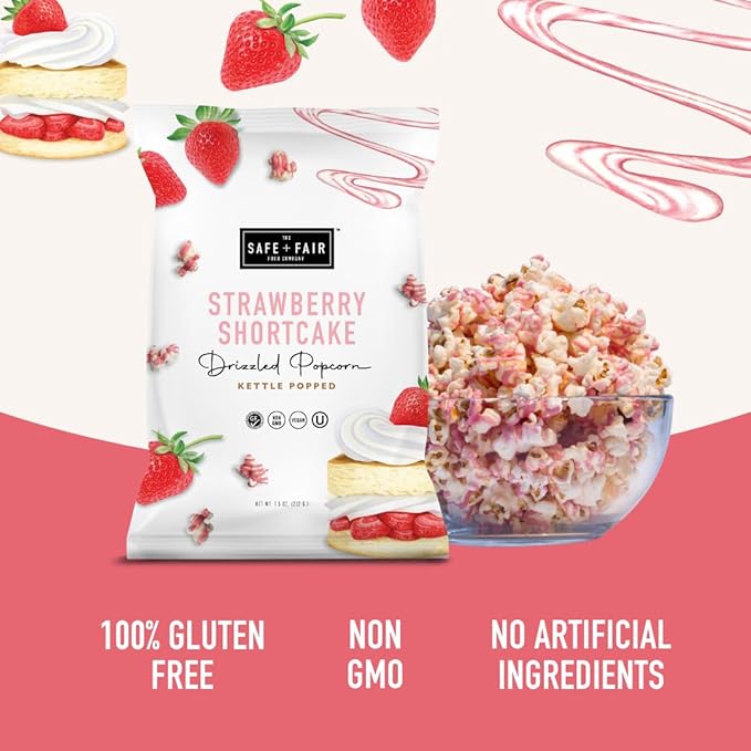 Safe + Fair Plant-Based Gourmet Strawberry Flavored Popcorn - Strawberry Shortcake Drizzled Kettle