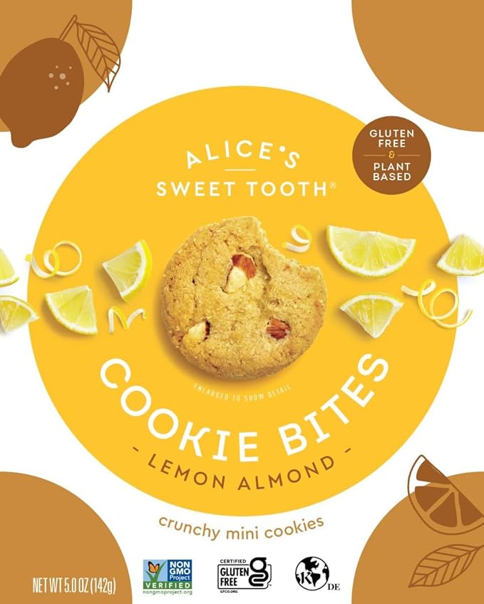 Alice's Sweet Tooth Lemon Almond Cookie Bites - Gluten-Free, Vegan, Crunchy Mini-Cookies