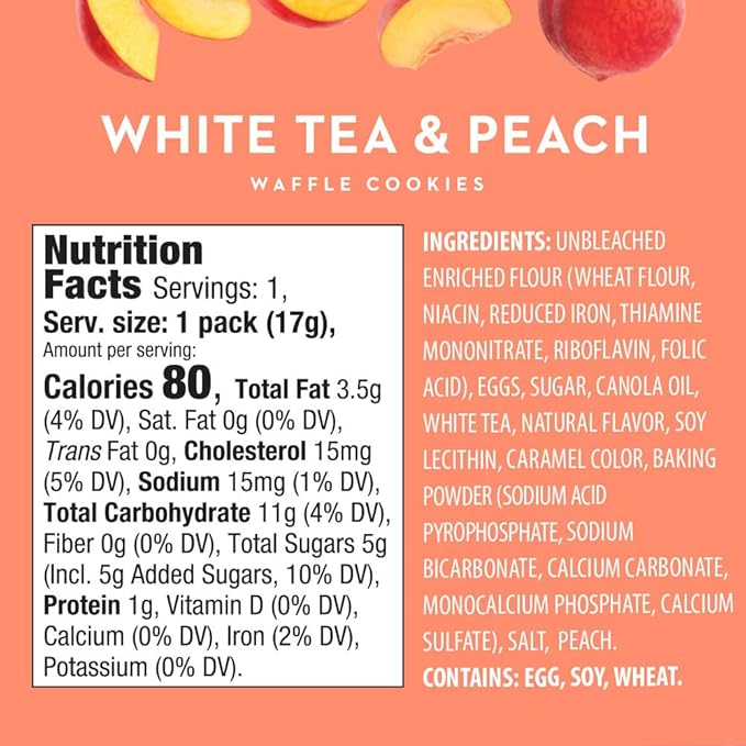 Reko Tea Fusions Waffle Cookies, White Tea & Peach - Individually Wrapped Single Serve Snack Packs