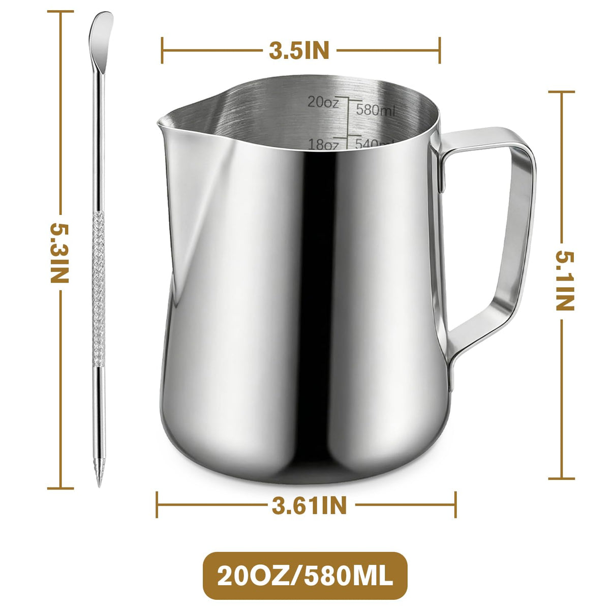 Milk Frothing Pitcher, 600ml (20oz) Milk Frother Cup Stainless Steel Jug Steaming Pitcher, Milk