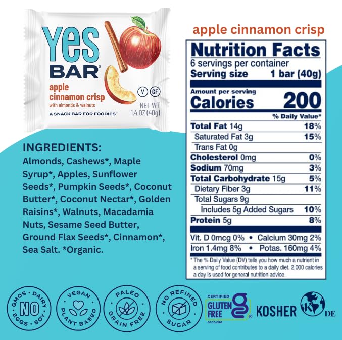 The YES Bar ??Apple Cinnamon Crisp ??Plant Based Protein, Decadent Snack Bar ??Vegan, Paleo, Gluten