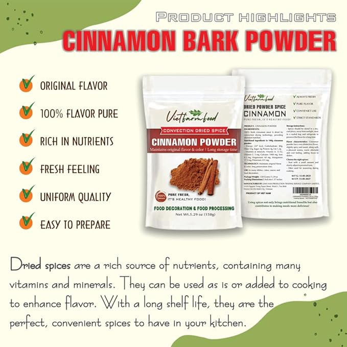 CINNAMON BARK POWDER 5.29 Oz (150g) VIETFARMFOOD: Natural pure, convection dried seasoning made