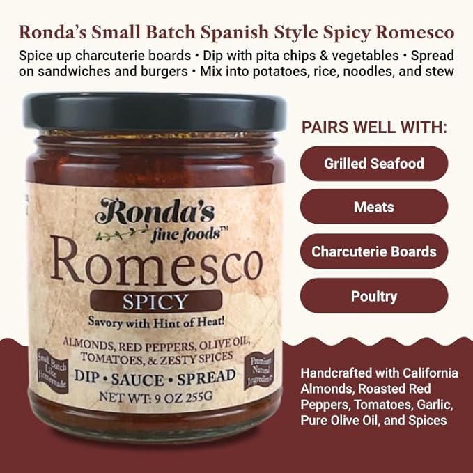 Spicy Romesco Dip, Spread, Sauce - Small-Batch with Almonds, Olive Oil, Red Peppers ??Red Sauce for