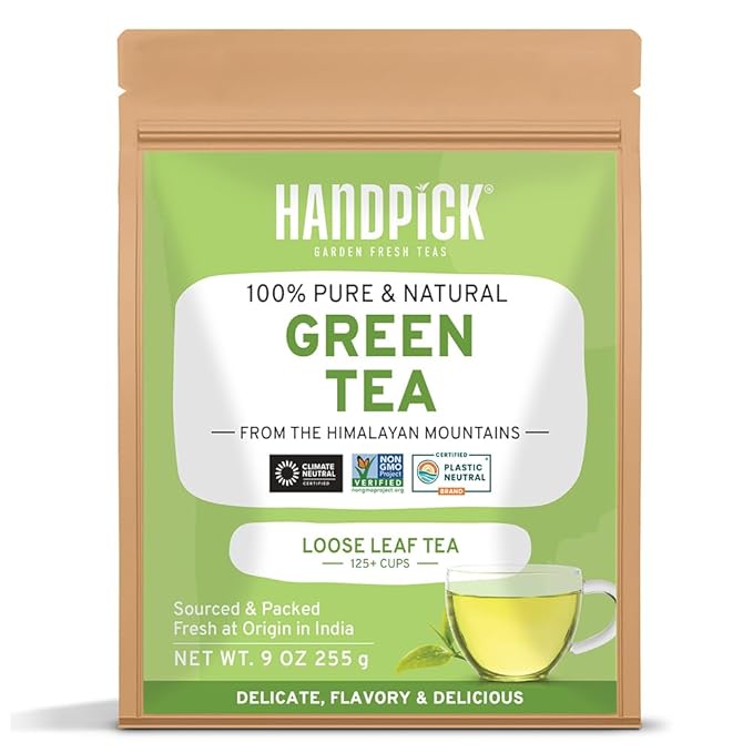 HANDPICK, Green Tea Loose Leaf (255g/9oz) +100 Cups | Non-GMO, 100% Pure Green Tea Leaves Sourced