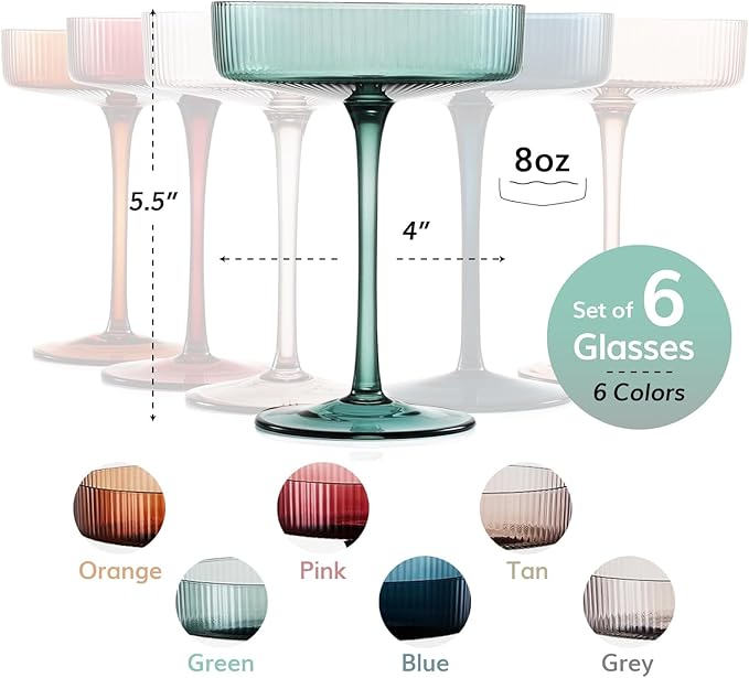 Colored Vintage Art Deco Coupe Glasses - Martini, Cocktail & Champagne Ribbed Glasses 7oz | Set of