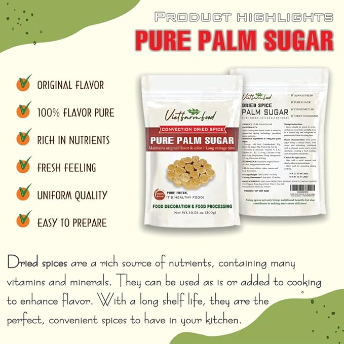 PURE PALM SUGAR 10.58 Oz (300g) VIETFARMFOOD: Natural pure, convection dried seasoning made from