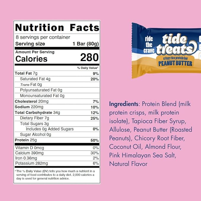 Crispy Rice Protein Treat Peanut Butter Bar | 25 g Protein, No Added Sugar, 7 g Fiber, Gluten Free