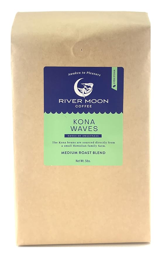 River Moon Coffee, Kona Coffee Whole Bean, Medium Roast, 5 lbs, Kona Waves Hawaiian Blend
