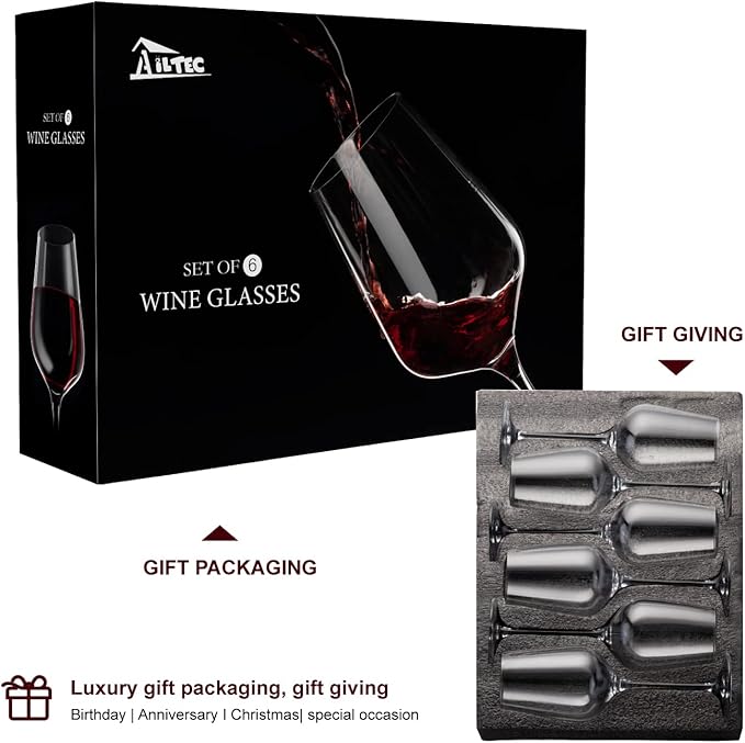 Wine Glasses Set of 6, Crystal Glass with Stem for Drinking Red/White/Cabernet Wine as Gifts Sets