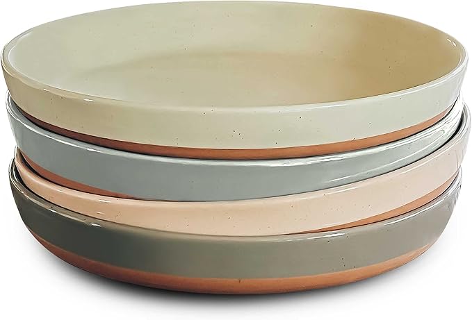 Mora Ceramic Flat Pasta Bowl Set of 4-35oz, Microwave Safe Plate with High Edge for Kitchen and