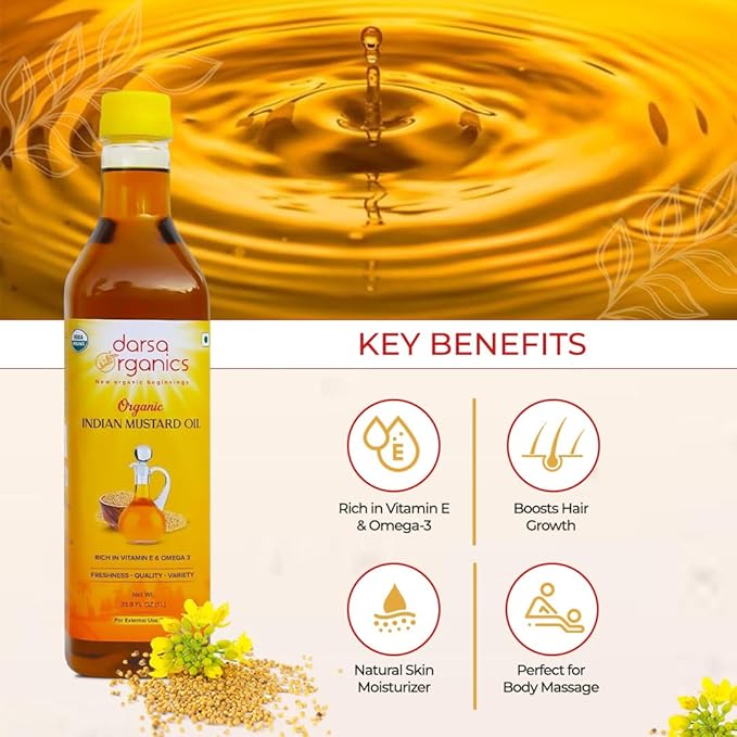 Darsa Organics Cold-Pressed Mustard Oil 33.8 oz (1000ml) ??USDA Organic, Unrefined & Chemical-Free