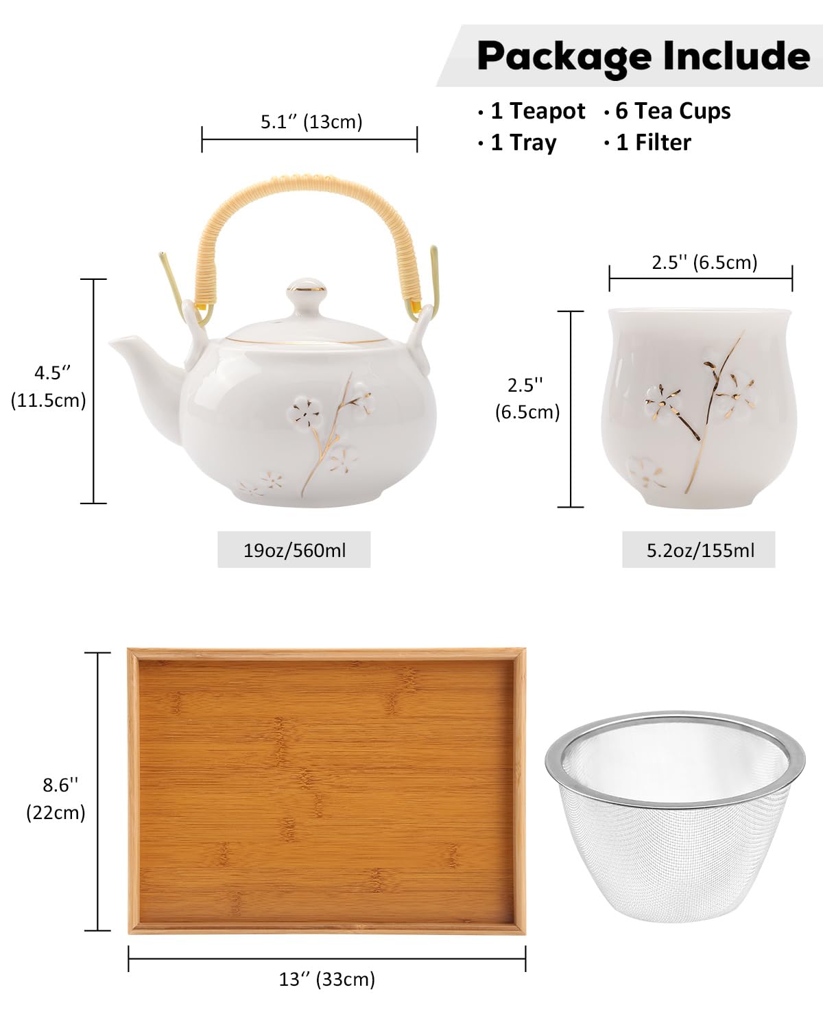 Dujust Japanese White Porcelain Tea Set - Teapot, 6 Tea Cups, Tray & Stainless Infuser - Plum in