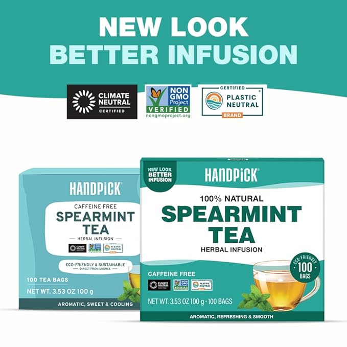 HANDPICK, Spearmint Tea Bags (100 Herbal Tea Bags) |Refreshing Mint Tea | Non-GMO | Round