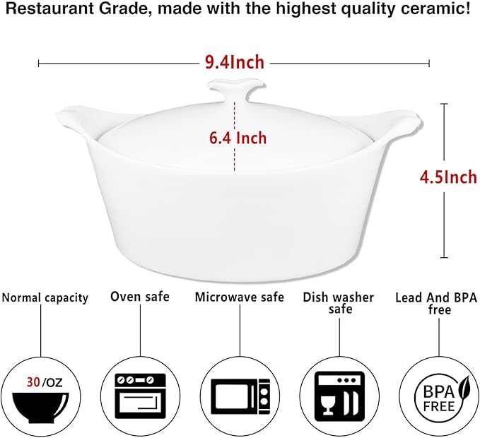 7" x 6" Ceramic Oval Casserole Dish with Lids, 30 Oz White French Serving Soup Tureens, Baking Dish