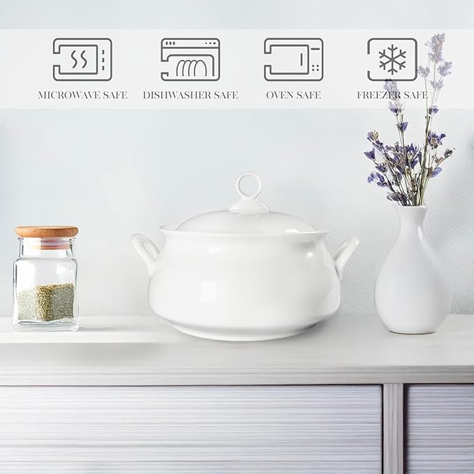 Ceramic Serving Soup Tureen Bowls with Lid and soup spoon, 2.4 QT White French Serving Tureen