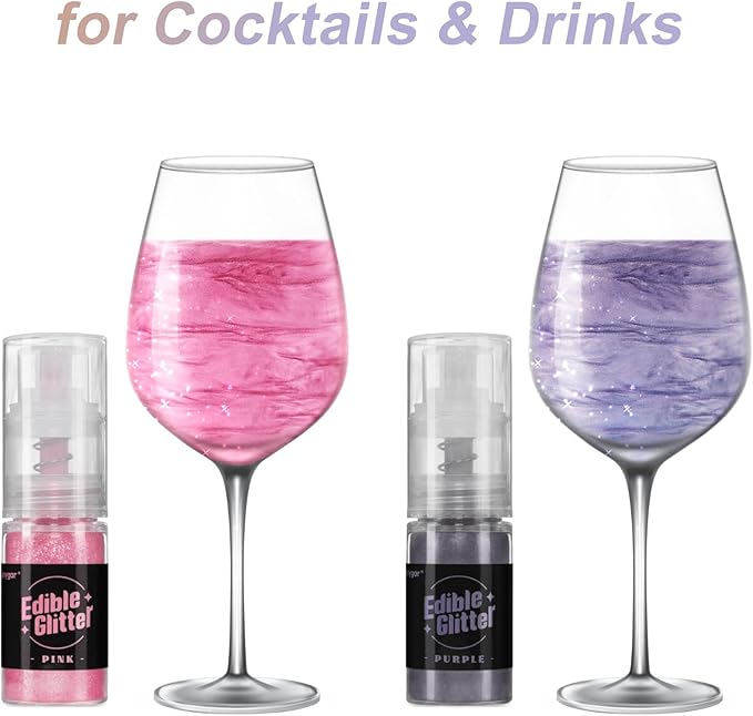 Sujoygar Edible Glitter Spray 2 Colors, Pink and Purple Edible Glitter for Cocktails, Shimmer
