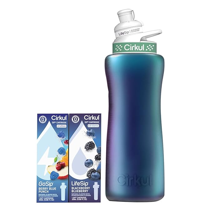 Cirkul 32oz. Chameleon Stainless Steel Water Bottle Starter Kit with Green Lid, 2 Flavor Cartridges