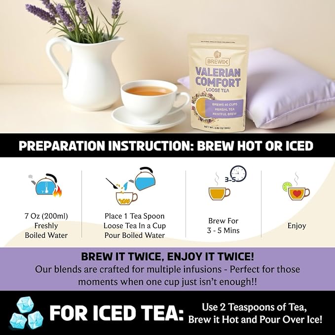 BREWIX, Valerian Comfort Tea for Sleep and Relaxation (40+ Cups, 2.82oz/80g) Caffeine-Free and