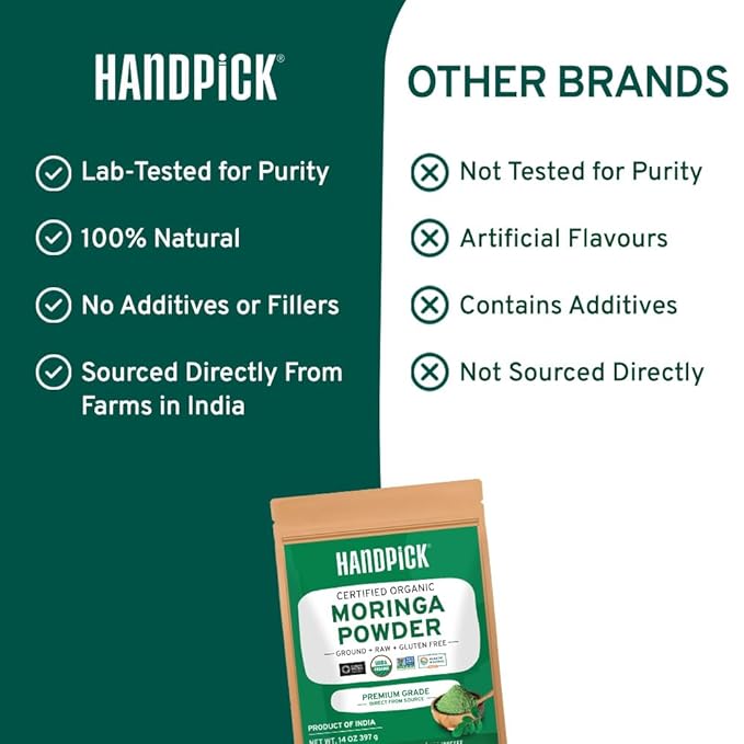 HANDPICK USDA Organic Moringa Powder (397g/14oz) Pure Moringa Oleifera Leaf Powder | Authentic