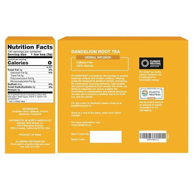 HANDPICK, Dandelion Root & Leaf Tea Bags (100 Herbal Tea Bags) Caffeine-Free Herbal Blend |