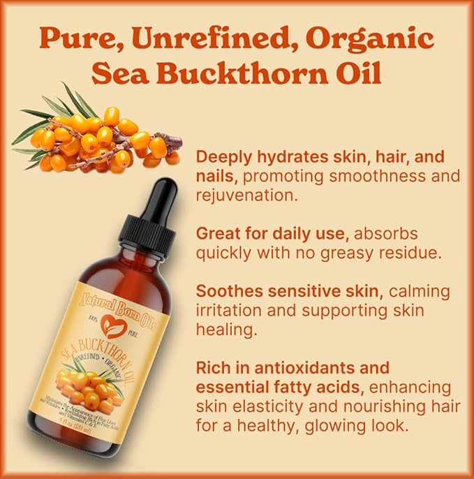 Natural Born Oils 4oz Sea Buckthorn Oil, 100% Pure and Natural, Organic, Cold-pressed, Unrefined
