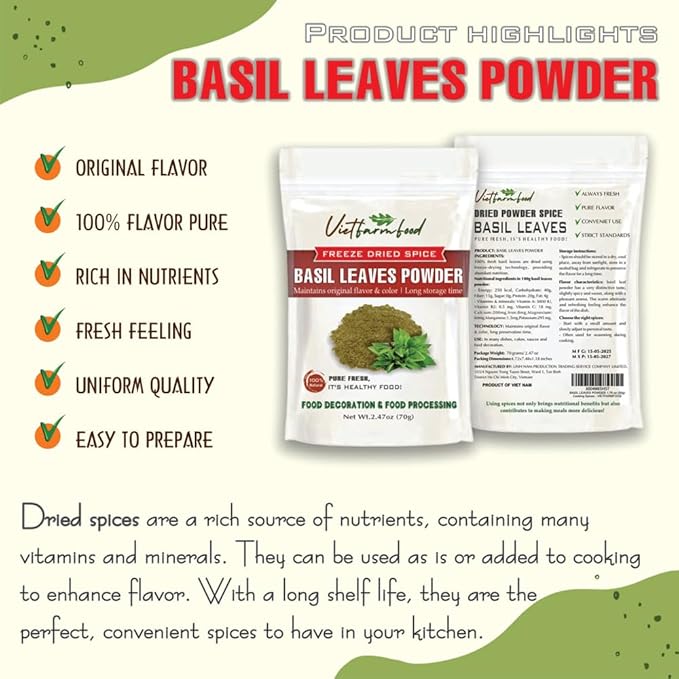 BASIL LEAVES POWDER 2.47 Oz (70g) VIETFARMFOOD: Pure, natural freeze-dried spice made from real