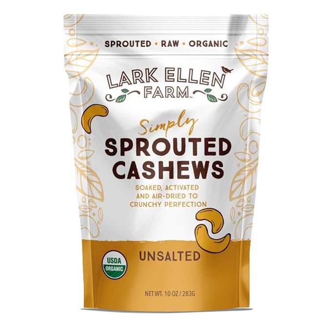 Lark Ellen Farm Sprouted Organic Certifed Cashews Unsalted - 10 oz Bag, Non GMO, Keto Snacks