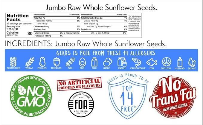 Gerbs Jumbo Raw Whole Sunflower Seeds 2 lbs. | No Additives, Shell-On, Resealable Bag |