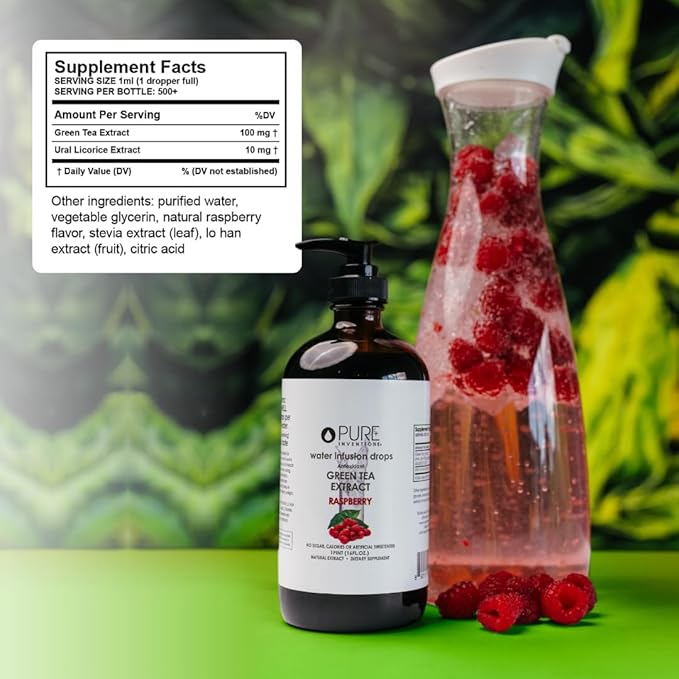 Pure Inventions - Green Tea Raspberry Water Infusion Drops - Antioxidants & Electrolytes - Health &
