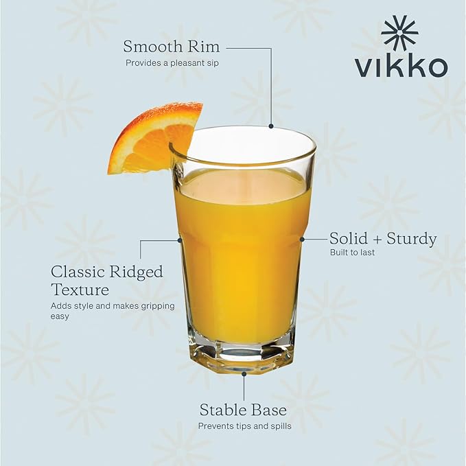 Vikko Drinking Glasses, 9 Ounce Glass Cups, Durable Glasses Drinking Set of 12, Stackable Water