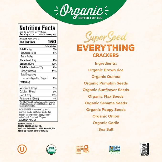 Mary's Gone Crackers Super Seed Crackers, Organic Plant Based Protein, Gluten Free, Everything