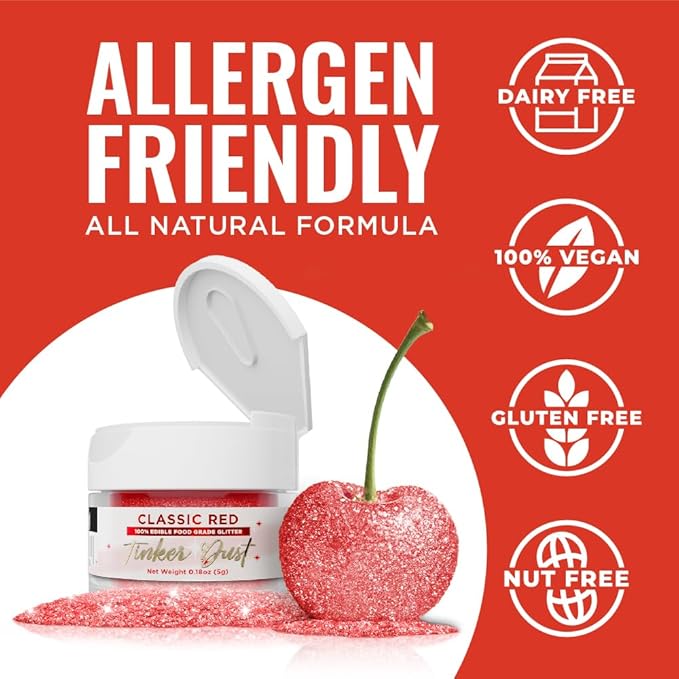 Bakell - Classic Red Tinker Dust (5g, 1x Jar) Edible Glitter for Food, Desserts, and Beverages!