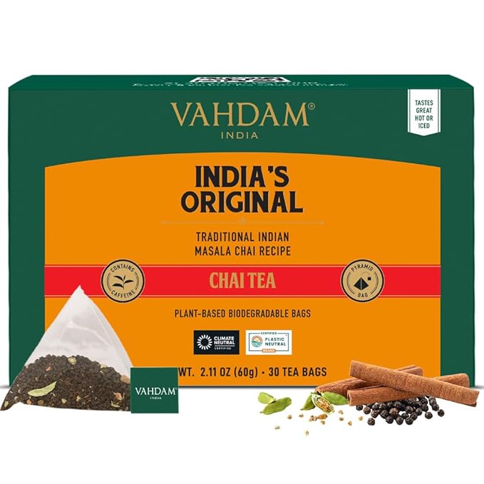 VAHDAM, India's Original Masala Chai Tea (30 Pyramid Tea Bags) Non GMO, Gluten Free, No Artificial