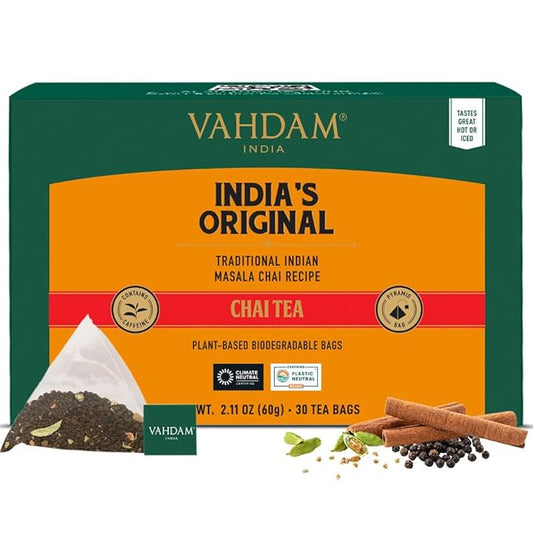 VAHDAM, India's Original Masala Chai Tea (30 Pyramid Tea Bags) Non GMO, Gluten Free, No Artificial