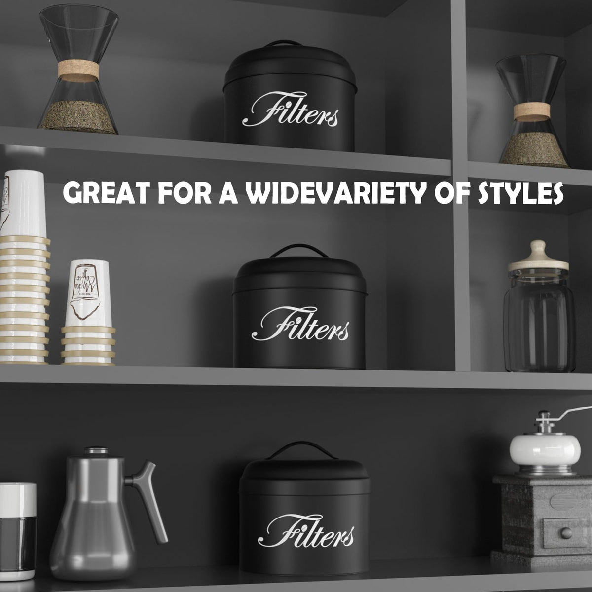 Black Basket Coffee Filter Holder With Lid - Round Container for Counter Storage - Rustic Farmhouse