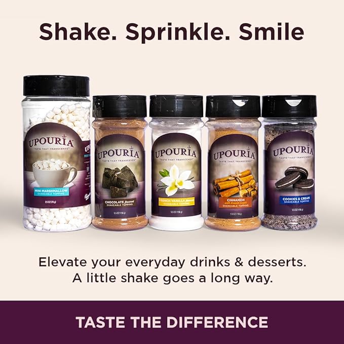 Upouria Vanilla Flavored Shakable Topping for Coffee, Lattes, Desserts, Gourmet Vanilla Taste, 5.5oz