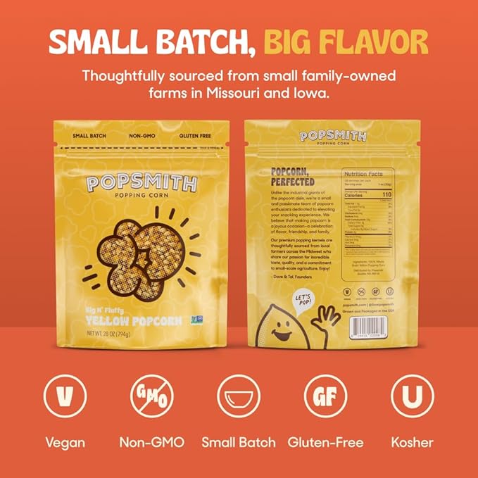 Popsmith - 28oz Pouch Yellow Popcorn Kernels for Popping - Grown in USA, Non-GMO, Vegan, and
