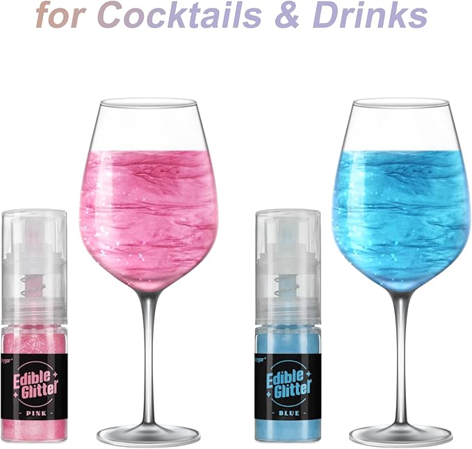 Sujoygar Edible Glitter Spray 2 Colors, Pink and Blue Edible Glitter for Cocktails, Shimmer Powder