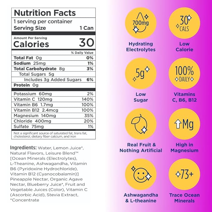 Leisure Hydration Non-Carbonated Electrolyte Refresher, Wild Blueberry Flavor - Low Sugar Nutrient