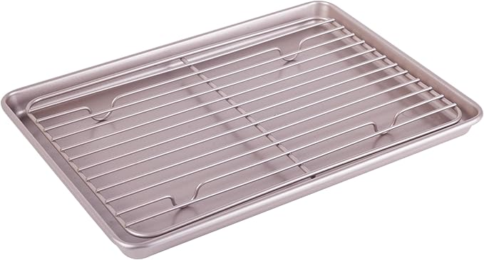 13-inch Baking Sheet Pan with Rack, Non-Stick Rectangular Shallow Dish Sheet Pan with Wire Rack for
