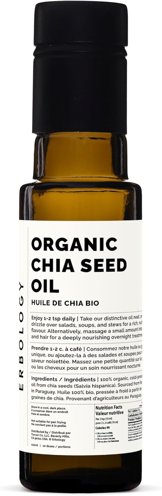 Erbology Organic Chia Seed Oil 3.4 fl oz - Cold-Pressed - Rich in Omega-3 (66%) and Vitamin E (330%
