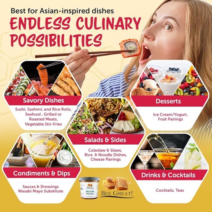 Bee Great Wasabi Hot Honey – Bold Sweet Heat with Wasabi Kick – Great with Sushi, Seafood & Salads