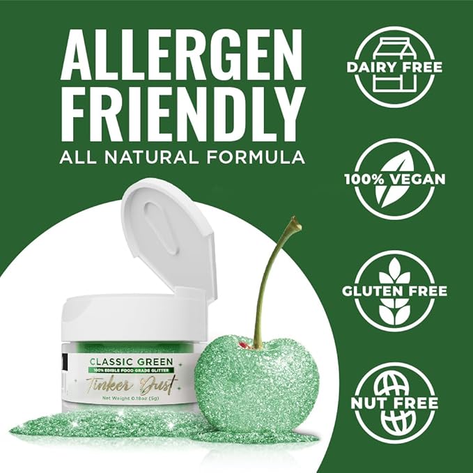 Bakell - Classic Green Tinker Dust (5g, 1x Jar) Edible Glitter for Food, Desserts, and Beverages!