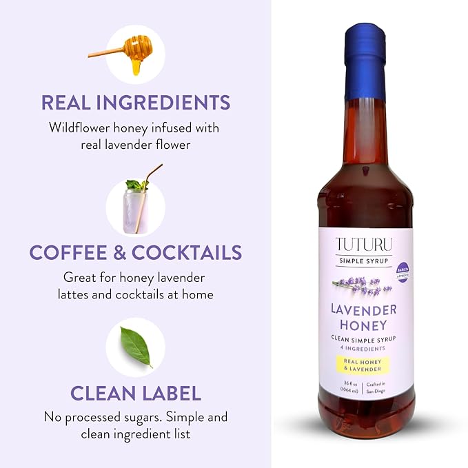 Lavender Honey Simple Syrup for Coffee, Cocktails, Tea, Matcha - Clean Simple Syrup with Real
