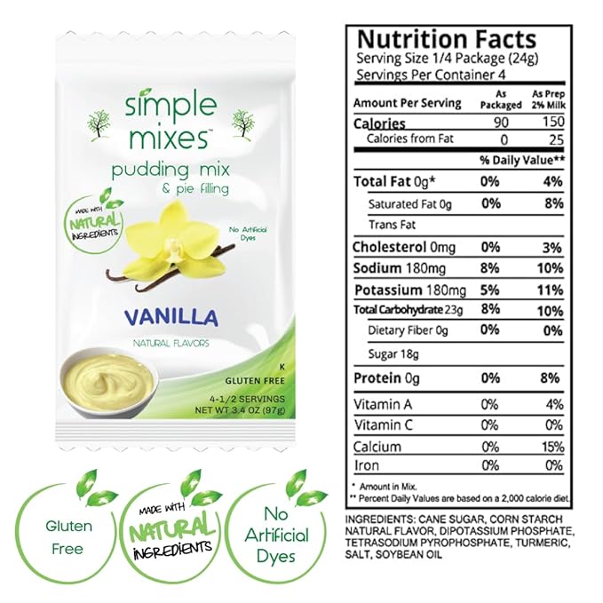 Simple Mixes Natural Instant Pudding & Pie Filling Mix, Healthy Snack, Vanilla, Gluten and Dye