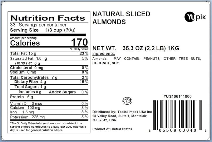 Yupik Sliced California Almonds With Skins, 2.2 lb, Unblanched, Gluten-Free, Kosher, Raw, Good