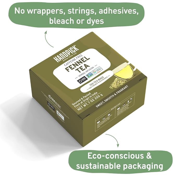 HANDPICK, Fennel Tea Bags (100 Herbal Tea Bags) Caffeine Free, Gluten Free & Non GMO | Round Eco